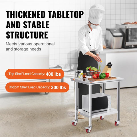 VEVOR Stainless Steel Work Table 30 x 24 x 33 Inch Prep Tables 4 Caster