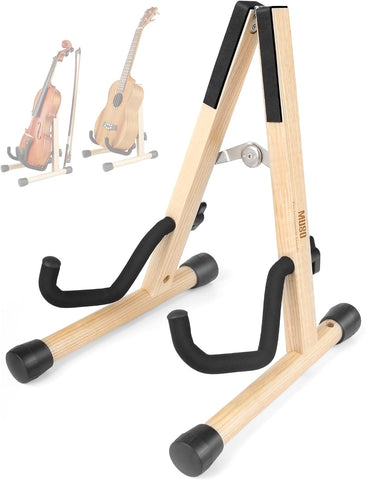 MUSO Wood Violin Stand with bow holder, Ukulele Stand, Wooden Stand for Mini Small Guitars, Banjo and Mandolin