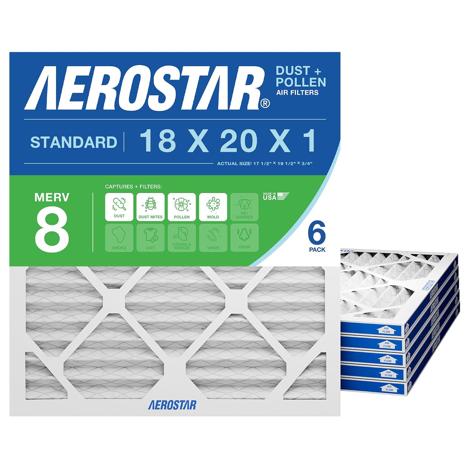 Aerostar 18x20x1 MERV 6 Pleated Air Filter, AC Furnace Air Filter, 6 Pack (Actual Size: 17 3/4"x 19 3/4" x 3/4")