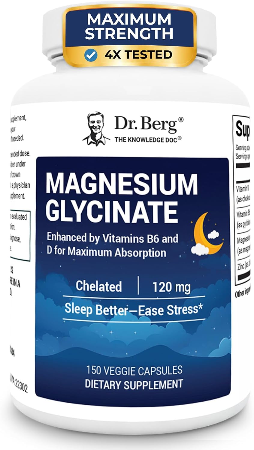 Dr. Berg Magnesium Glycinate 150ct – 4-in-1 Chelated for Muscle, Nerve, Sleep & Stress Support*– w/ D3, B6 & Zinc – 4X Lab-Tested – No Fillers – Formulated in USA, GMP-Certified