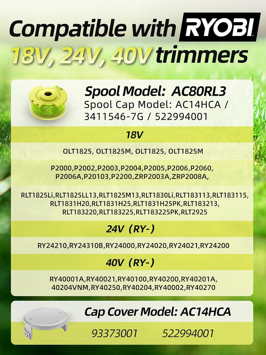YWTESCH Trimmer String for Ryobi One Plus+ AC80RL3,11 FT/0.080-Inch，Spool Replacement Compatible with Ryobi 18v, 24v, and 40v Cordless Trimmers (9 Pack Trimmer Line & 2 Pack Trimmer Cap)