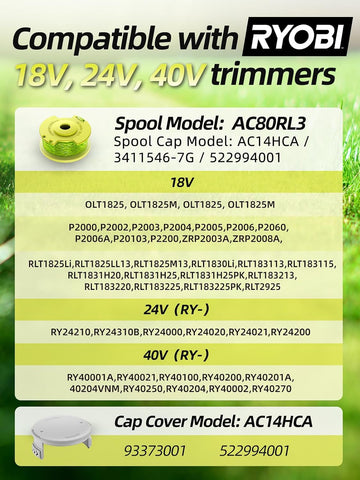 YWTESCH Trimmer String for Ryobi One Plus+ AC80RL3,11 FT/0.080-Inch，Spool Replacement Compatible with Ryobi 18v, 24v, and 40v Cordless Trimmers (9 Pack Trimmer Line & 2 Pack Trimmer Cap)