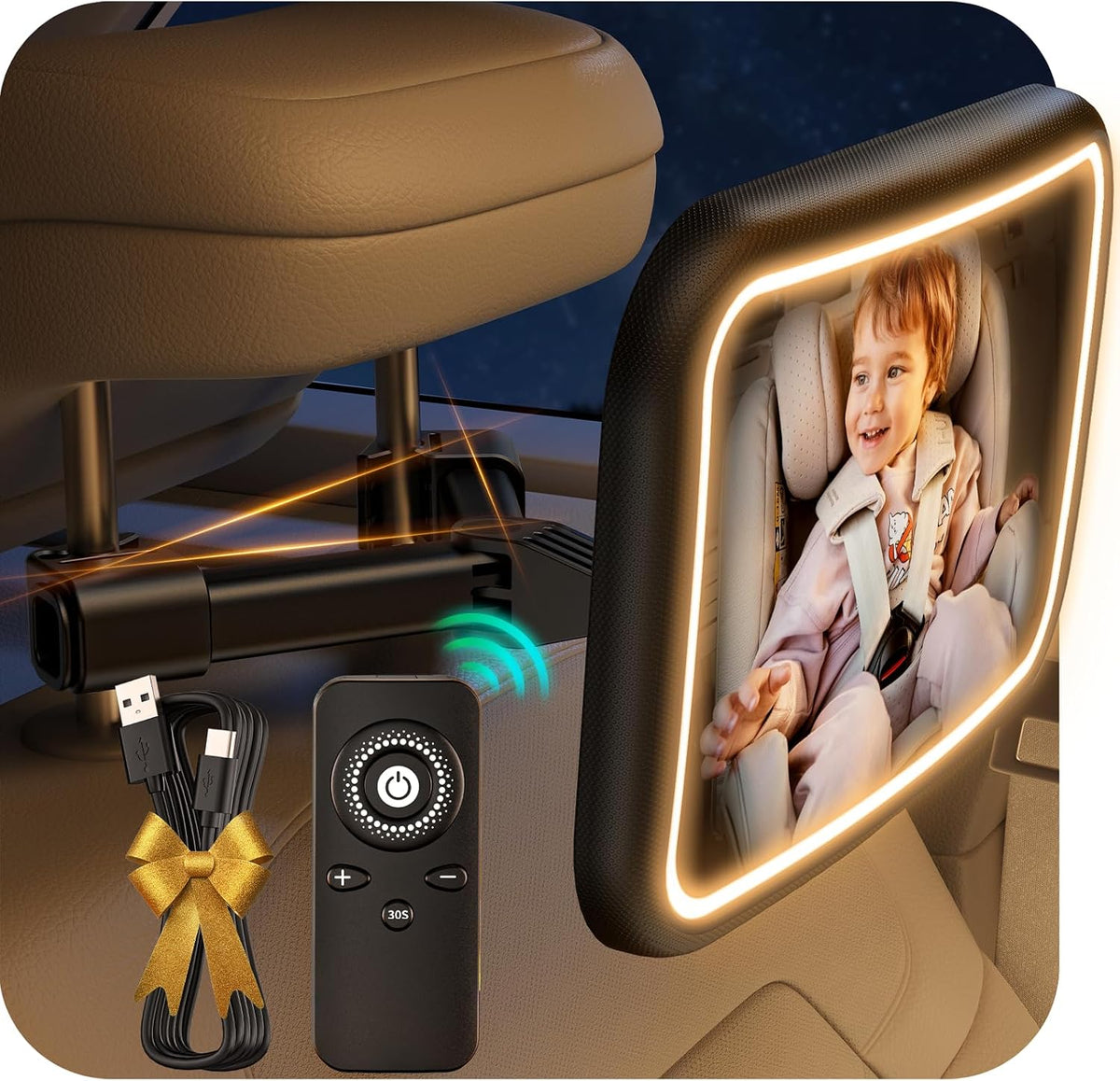 TAZENI Car Mirror for Baby Rear Facing, with Night Light & Remote Control