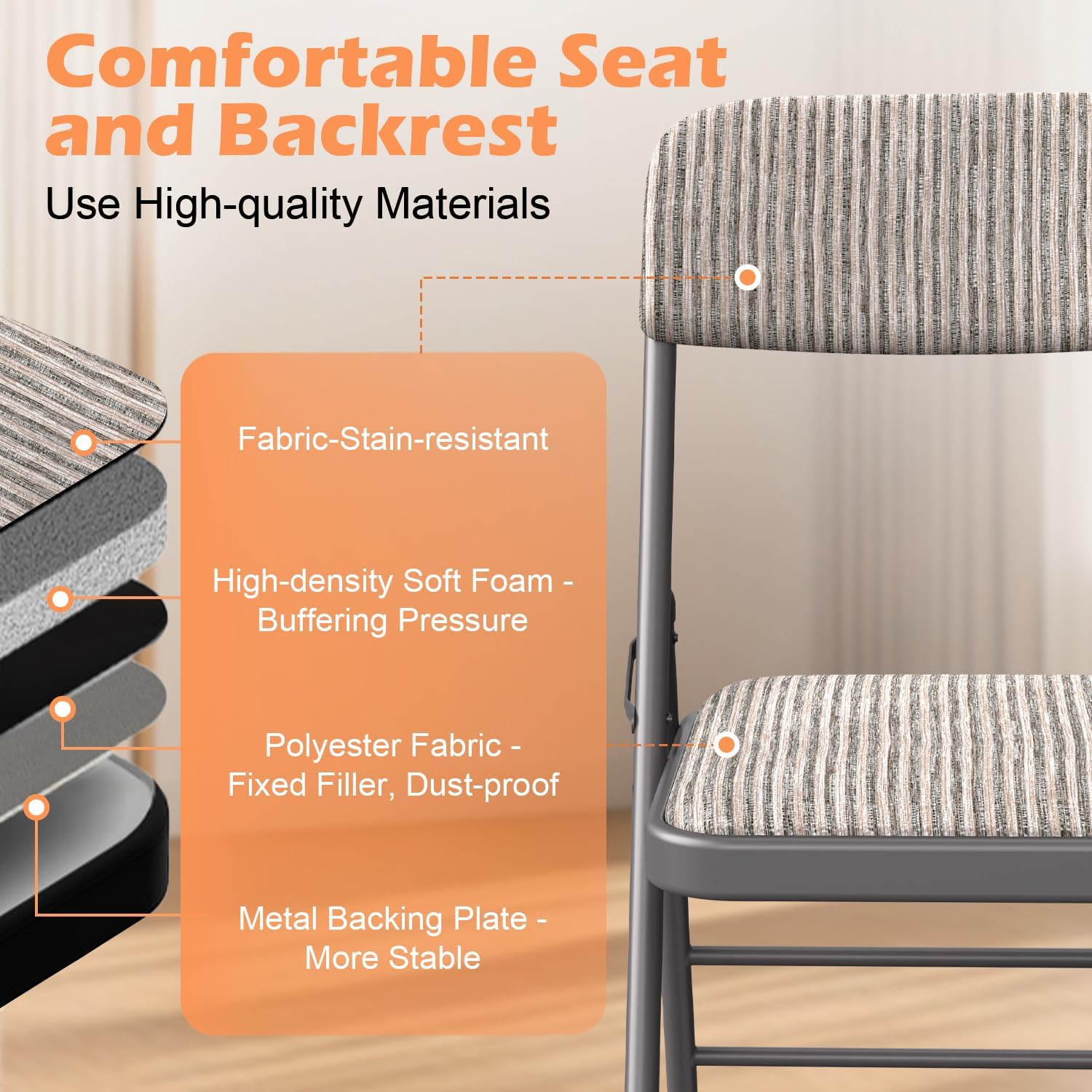 VTOY Commercial Grade Folding Chair with Padded Fabric Cushion（16"X16" |Double-hinged Legs Luxury Style|4.5kg Capacity Max Weight 150Kg for Home and Office,Indoor and Outdoor Events (4, Fabric-Beige)