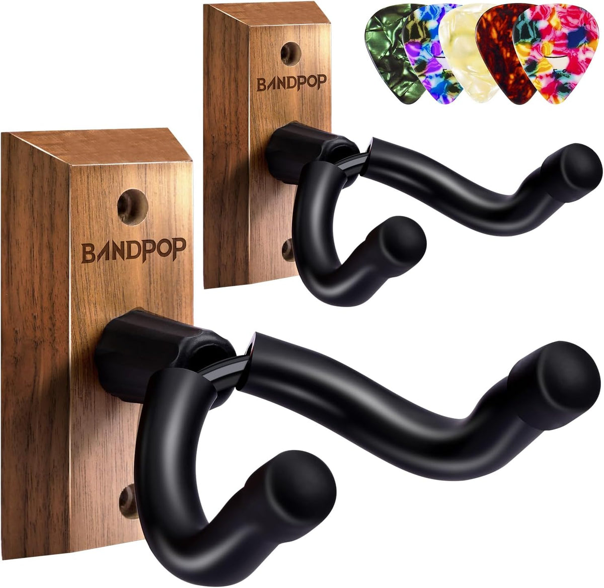 Bandpop Guitar Wall Mount 2 Pack - Black Walnut Guitar Hanger with 5pcs Picks for Acoustic, Electric, Bass, Banjo, Mandolin