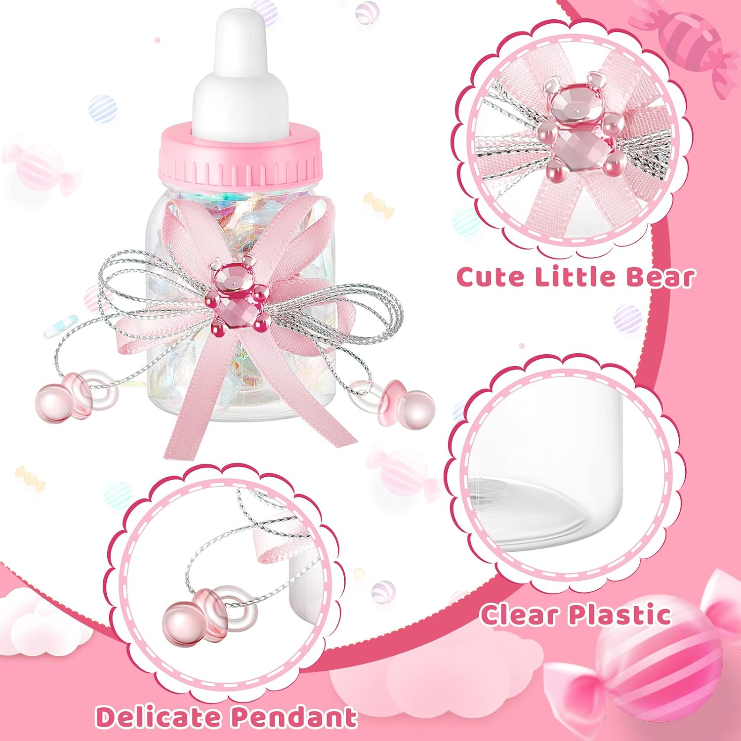 Nuenen 48 Pcs Baby Shower Milk Bottles with Ribbon Plastic Bear Candy Bottles Baby Shower Favors Gender Reveal Wedding Birthday Party Decorations(Pink)