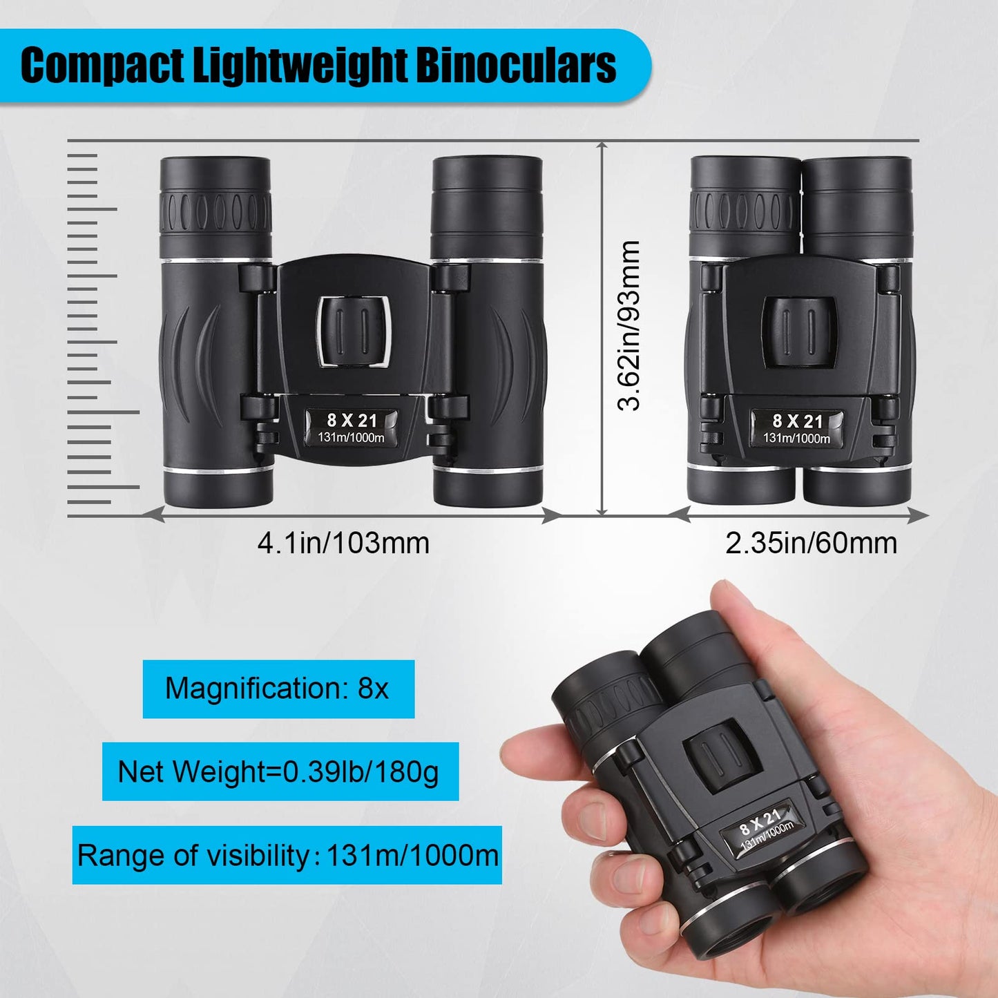 Anourney 8x21 Mini Compact Pocket Binoculars, Lightweight Foldable Easy Focus Small Binoculars for Adults Kids Bird Watching,Opera Concert, Travel, Hiking, Outdoor Scenery, Football Game