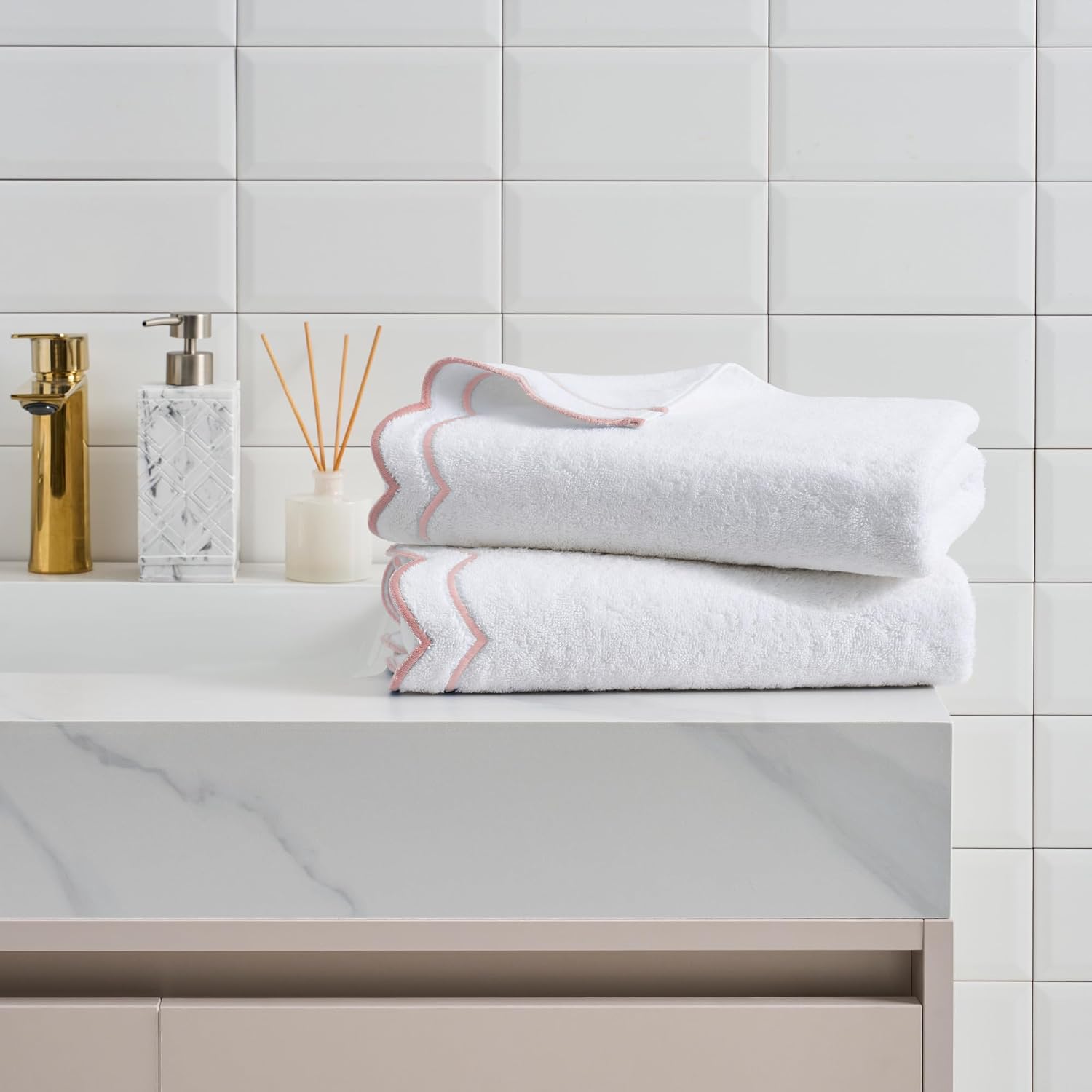 Peri Home 2 Piece Cotton Bath Towel Set, Embroidered, White, Blush Scallop
