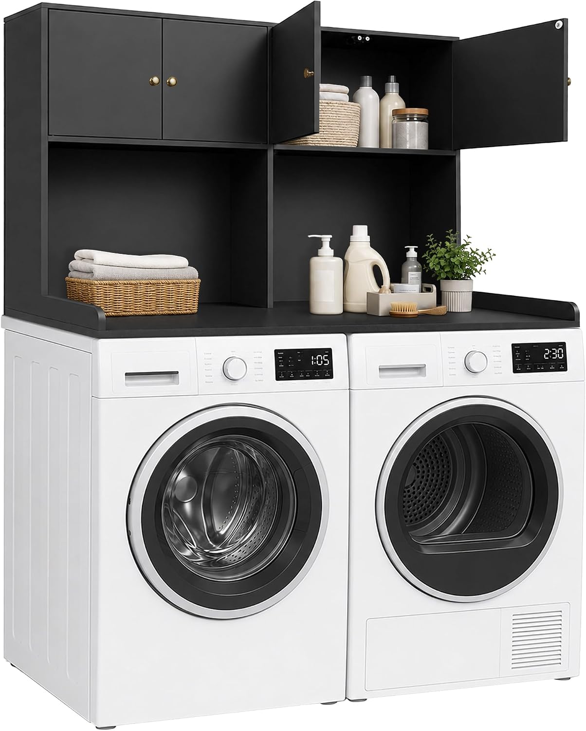 Washer Dryer Countertop with Cabinets, 2-Tier Laundry Countertop with Shelf