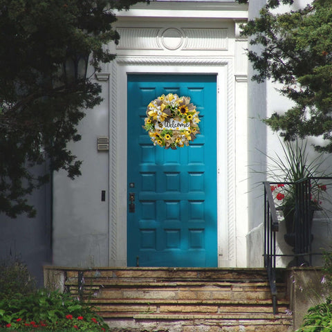 Sunflower Farmhouse Bee Wreath for Front Door, Sunflower Wreath Autumn Rustic Farmhouse Reef Outdoor Summer Gifts Home Yellow Floral Butterfly Bumble Garland