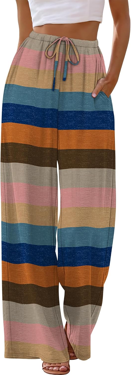 Sampeel Wide Leg Pants for Women Flowy Palazzo Drawstring Elastic Waist Trousers with Pockets Summer Beach Vacation Clothes