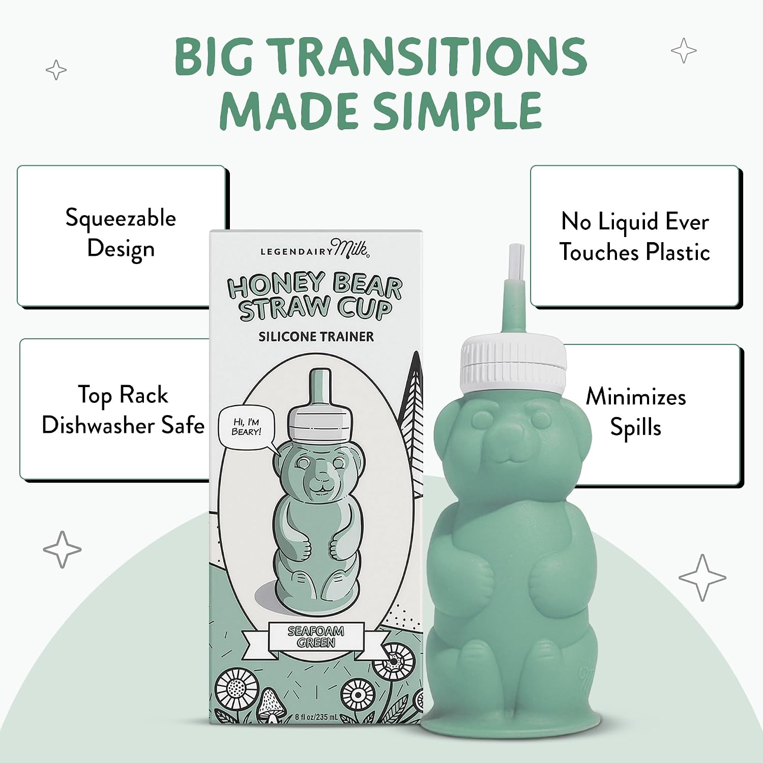 Legendairy Milk Honey Bear Straw Cup Silicone for Babies (Green), 8 oz. Dishwasher Safe, Food Grade Silicone, Honeybear Sippy Cup for Ages 4+ Months (Pack of 2)