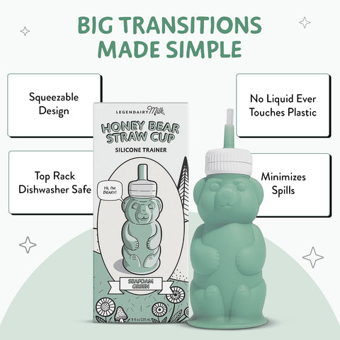 Legendairy Milk Honey Bear Straw Cup Silicone for Babies (Green), 8 oz. Dishwasher Safe, Food Grade Silicone, Honeybear Sippy Cup for Ages 4+ Months (Pack of 2)