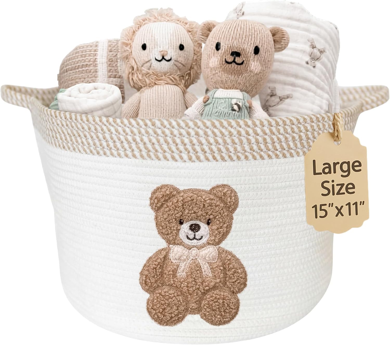 Teddy Bear Baby Storage Basket, Woven Cotton Rope Nursery Bin, 15x11 in