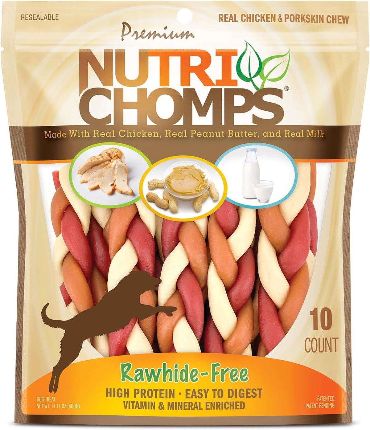 Nutri Chomps Dog Chews, 6-inch Braids, Easy to Digest, Rawhide-Free Dog Treats, Healthy, 10 Count, Real Chicken, Peanut Butter and Milk Flavors (Pack of 12)