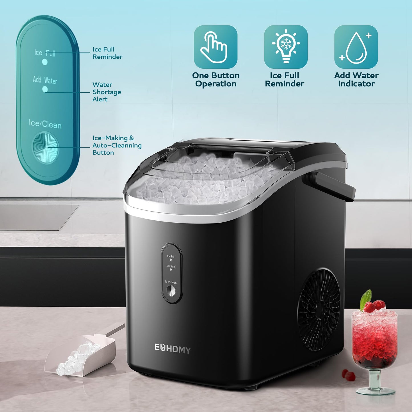 EUHOMY Nugget Ice Maker Countertop with Handle, Ready in 6 Mins, 34lbs/24H, Removable Top Cover, Auto-Cleaning, Portable Sonic Ice Maker with Basket and Scoop, for Home/Party/RV/Camping. (Black)