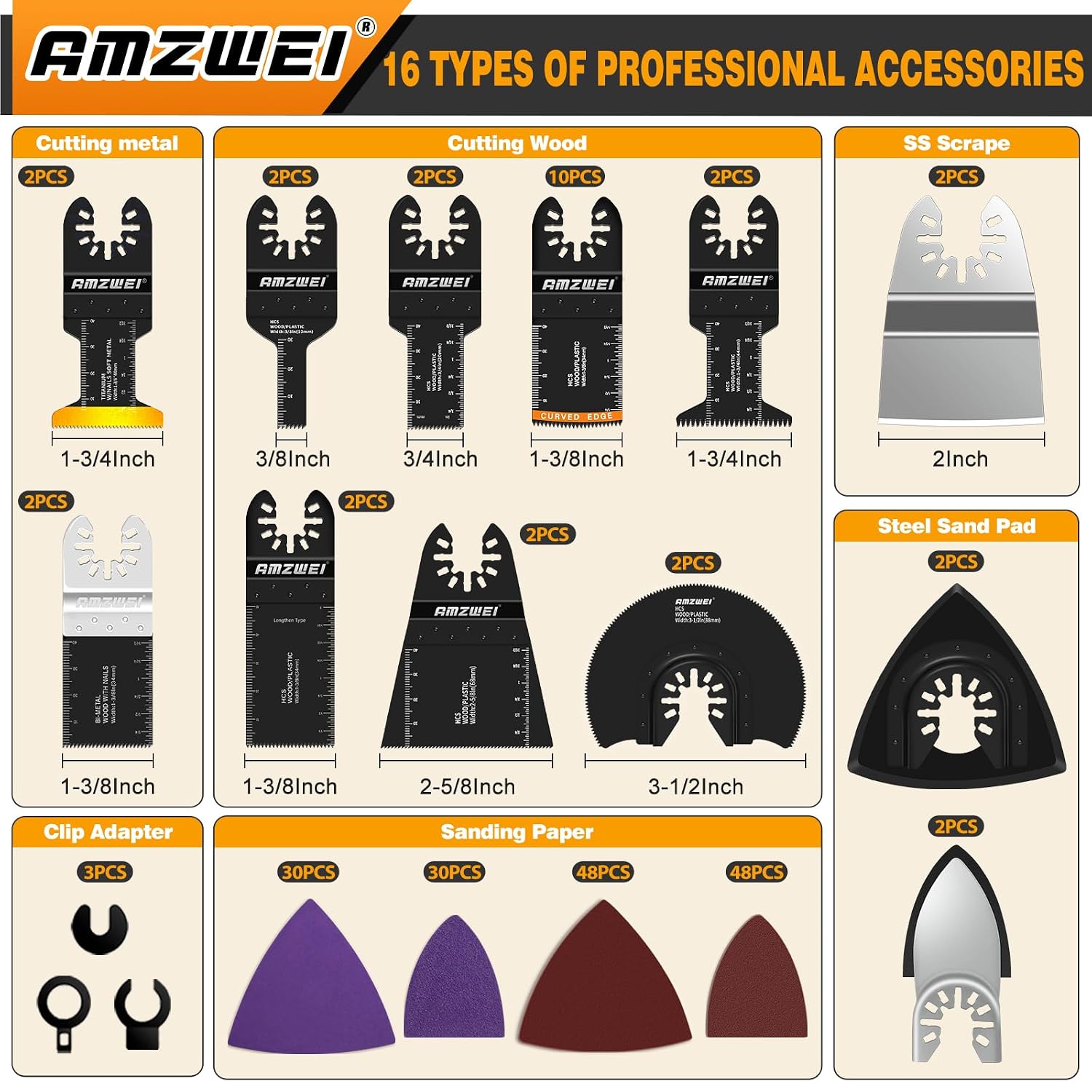 AMZWEI 190 Metal Wood Oscillating Tool Blade, Titanium Oscillating Saw Blades with Sandpaper, Quick Release Multi Tool Blades Kits Compatible with Dewalt Ryobi Milwaukee Rockwell Fein Makita