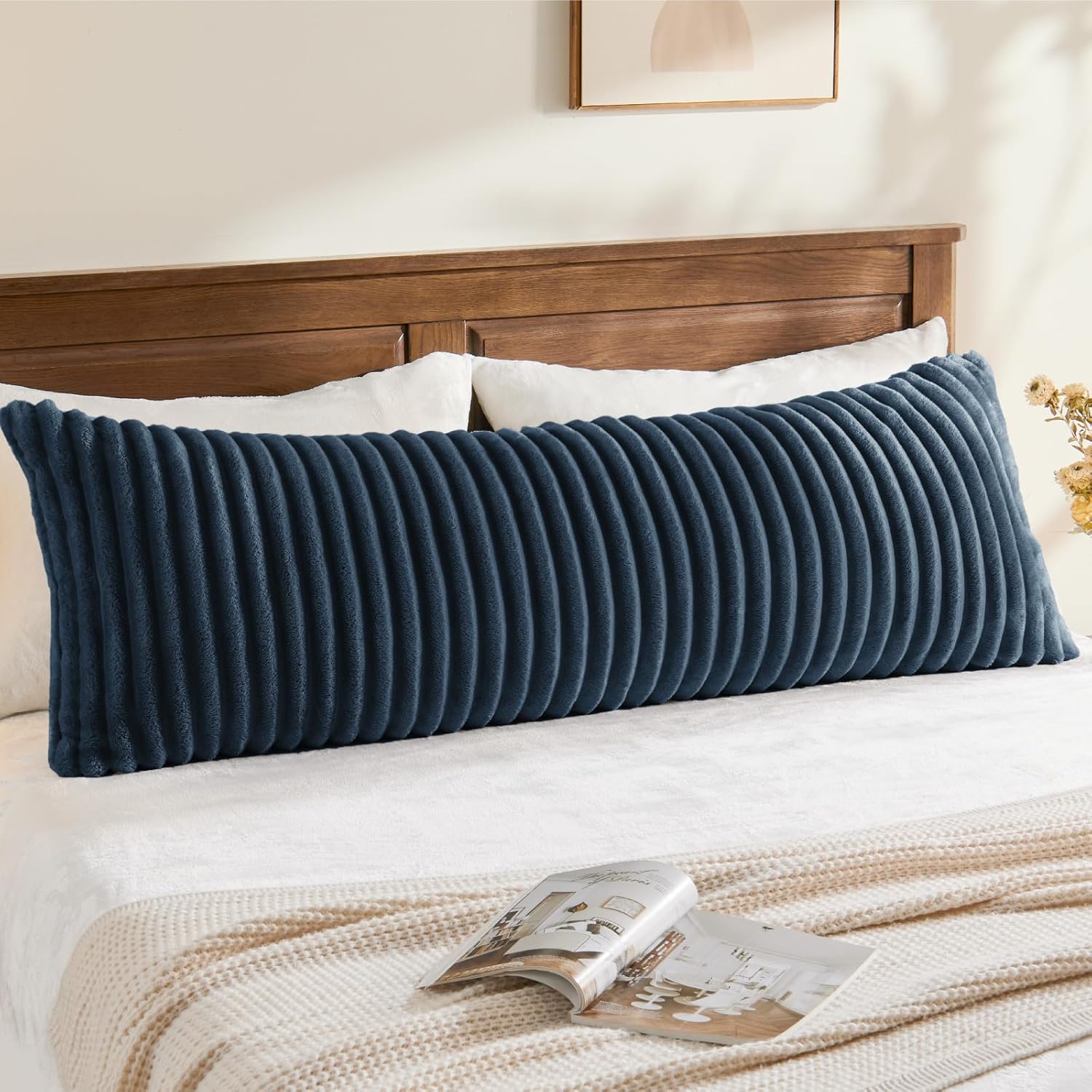 BEDELITE Fluffy Striped Body Pillow Cover with Zipper, Navy Blue, 20x54