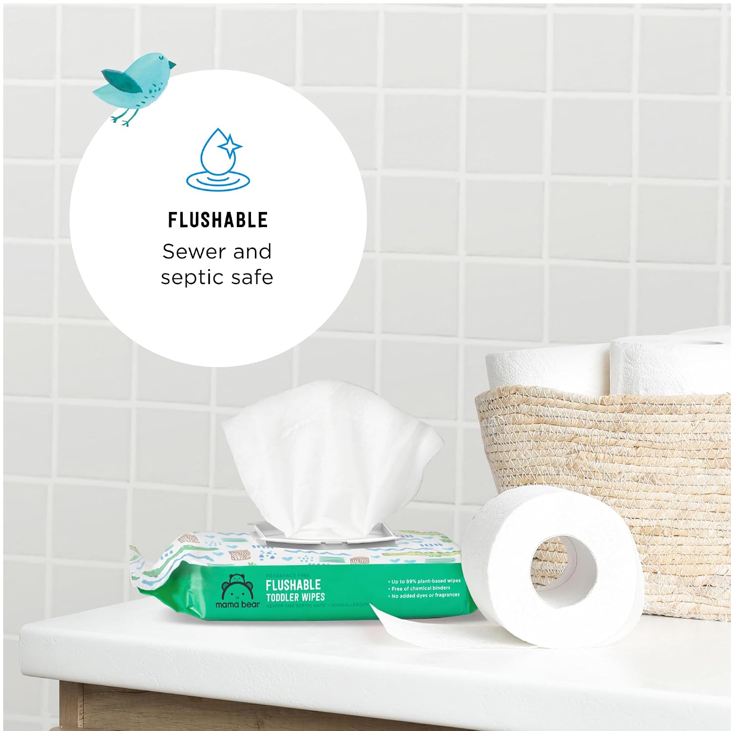 Amazon Brand - Mama Bear Flushable Toddler Toilet Wipes, Unscented, Formulated without Fragrance, Hypoallergenic, Septic Safe, 336 Count, 8 Packs of 43