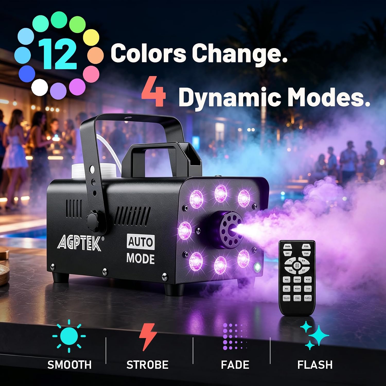 AGPTEK Fog Machine, 12 Colors, 600W Smoke Machine, Low Fluid Auto Shutoff