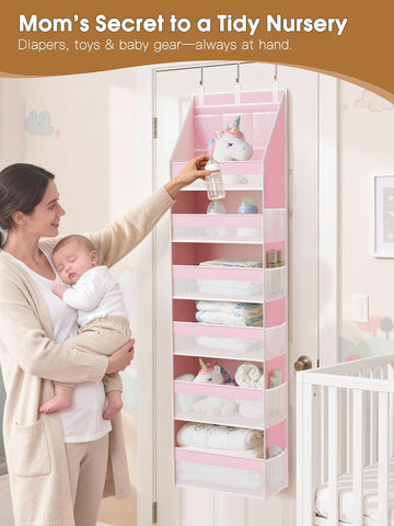 Criusia Over the Door Organizer, 6-Shelf Closet Hanging Storage with 13 Mesh Pockets, 55lbs Capacity Behind the Door Storage for Baby Nursery, Bathroom, Bedroom, and Dorm, Pink