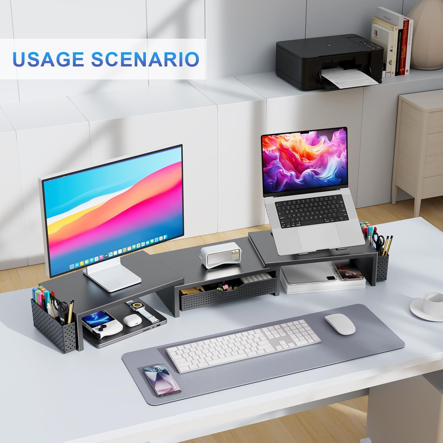 gianotter Dual Monitor Stand Riser With Drawer and 2 Pen Holders