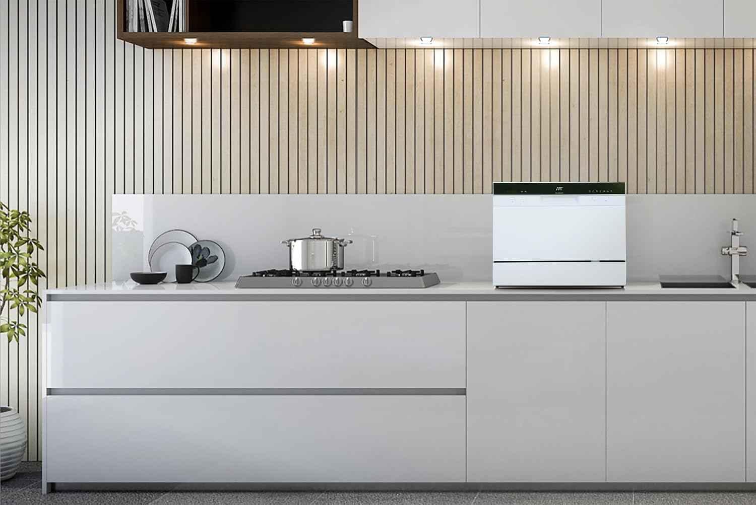 SPT SD-2224DW ENERGY STAR Countertop Dishwasher with Delay Start - Portable Dishwasher with Stainless Steel Interior and 6 Place Settings for Apartment Office And Home Kitchen, White