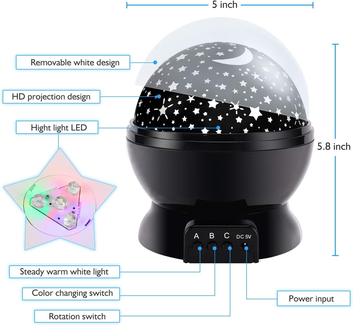 RICTLY Night Light for Kids, Kids Night Light Nebula 360 Degree Rotation - 4 LED Bulbs 12 Light Color Star Projector Changing with USB Cable, Romantic Gifts for Men Women Children