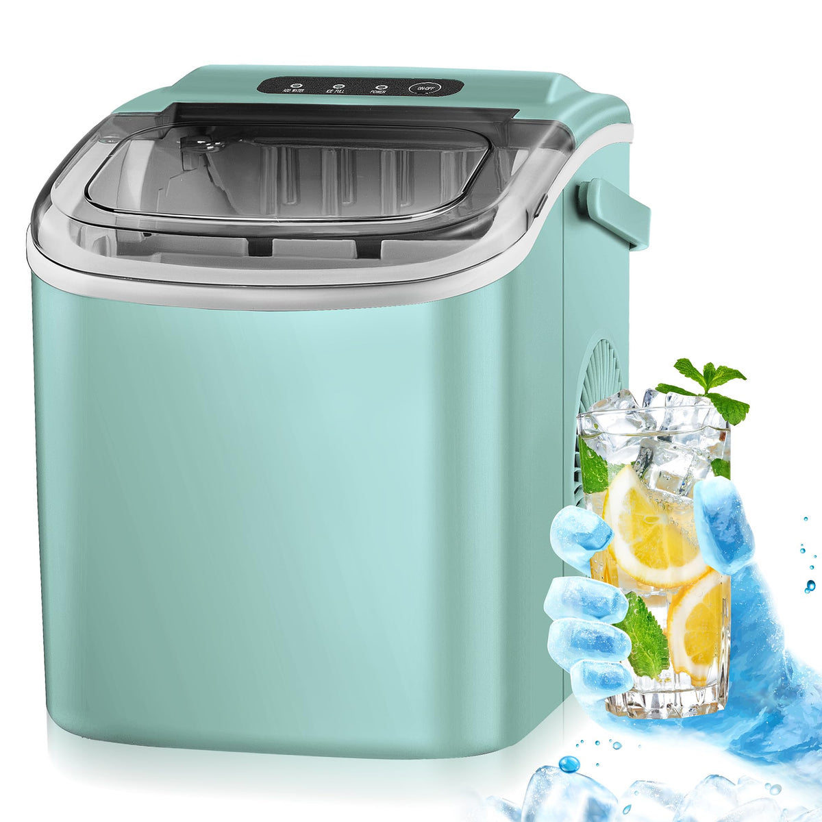 Electactic Ice Maker Countertop, Efficient Easy Carry Ice Machine, Self-Cleaning Ice Maker with Ice Scoop & Basket, 9pcs/ 8mins 26.6Lbs Per Day for Home/Office/Kitchen,Green