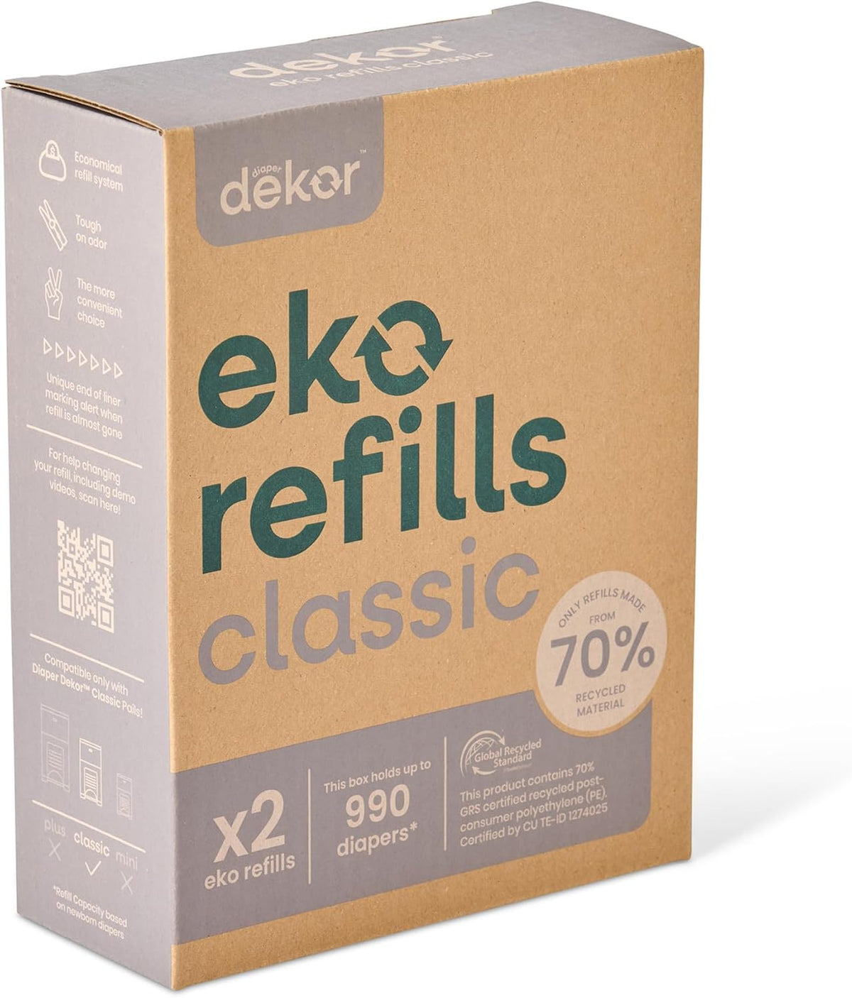 Diaper Dekor CLASSIC Diaper Pail Refills 2 Count Unscented Exclusive End-of-Liner Marking Quick & Easy to Replace Most Economical Refill System for Original and Eko Style Pails