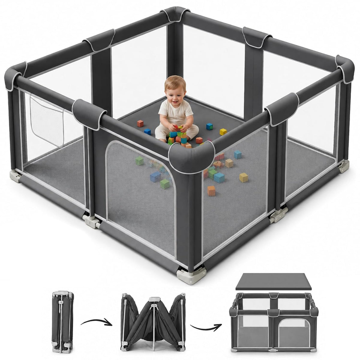 Foldable Playpen for Babies and Toddlers, 50"x50" Portable Play Yard with Mat, Kids Collapsible Play Pen with Sturdy Metal Frame & Mesh Walls, Indoor & Outdoor Baby Fence Play Area
