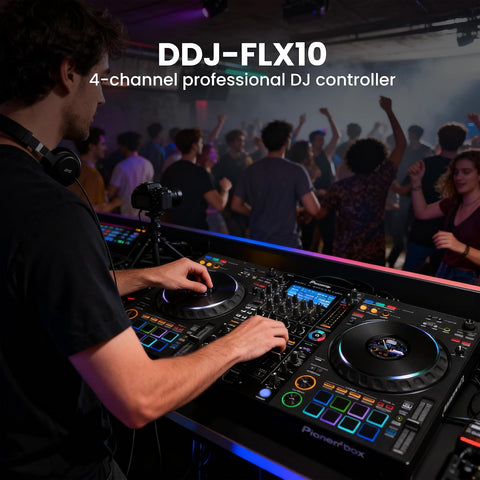 Pioneer DJ DDJ-FLX10 4-Channel Professional DJ Controller - Black Bundle with Laptop Stand, Headphones, and Austin Bazaar Polishing Cloth