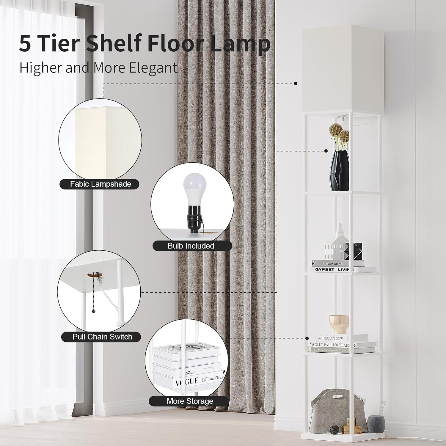 SUNMORY 5 Tier Floor Lamp with Shelves, Standing Lamps for Living Room
