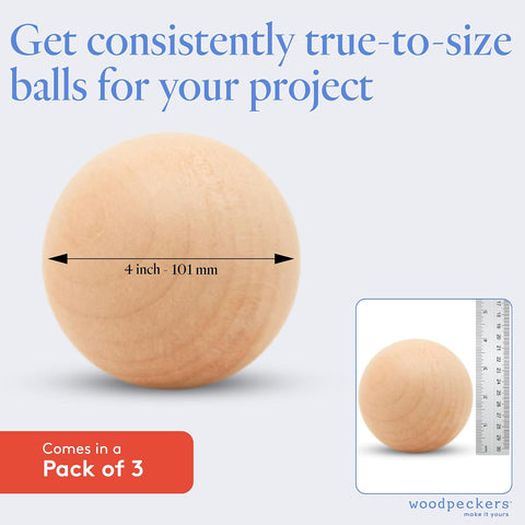 4 inch Round Wooden Balls for Crafts, Bag of 3 Unfinished and Smooth Round Birch Hardwood Balls, and Wooden Spheres, by Woodpeckers