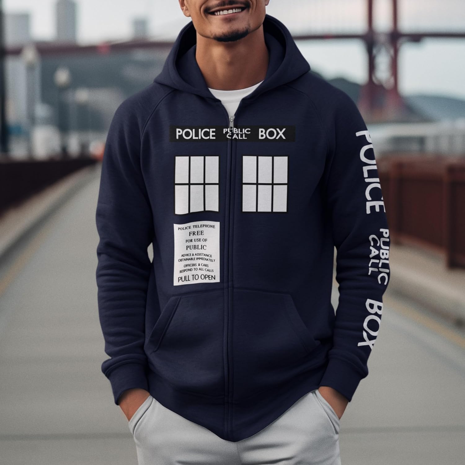Ripple Junction Doctor Who Men’s Full Zip-Up Hooded Sweatshirt Tardis Police Public Call Box Pull to Open Officially Licensed