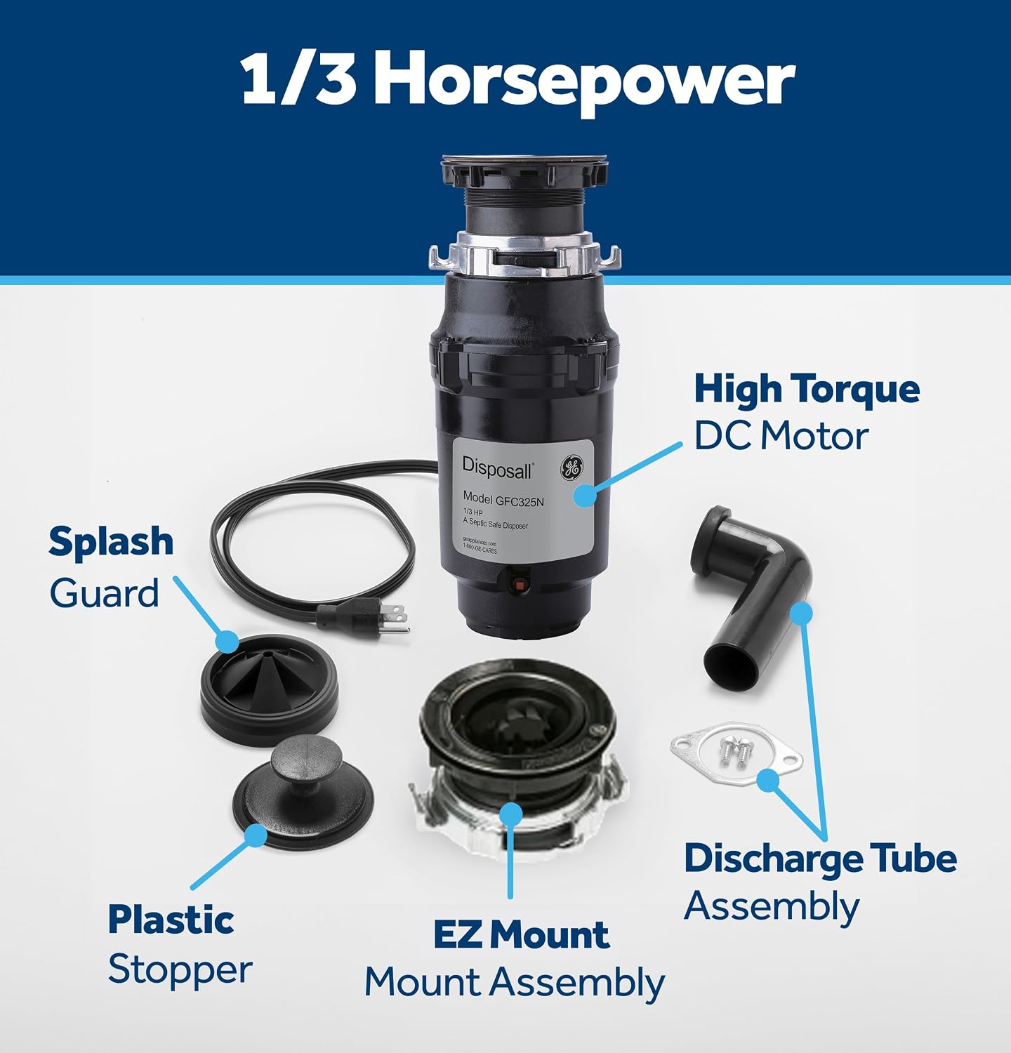 GE Disposall Continuous Feed 1/3 Horsepower Motor Garbage Disposer, Good for Grinding: Cooked Pasta & Fruit Peels, Easy Install Kit & Power Cord Included, Recommended for 1-2 Person Homes, GFC325N