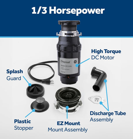 GE Disposall Continuous Feed 1/3 Horsepower Motor Garbage Disposer, Good for Grinding: Cooked Pasta & Fruit Peels, Easy Install Kit & Power Cord Included, Recommended for 1-2 Person Homes, GFC325N