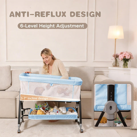 Baby Bassinets Bedside Sleeper with Wheels and Mattress, Cosleeping Baby Bed with Storage, Co-Sleeper Bassinet Attach to Bed, Bed Side Crib with Breathable Mesh, Height Adjustable (Blue)