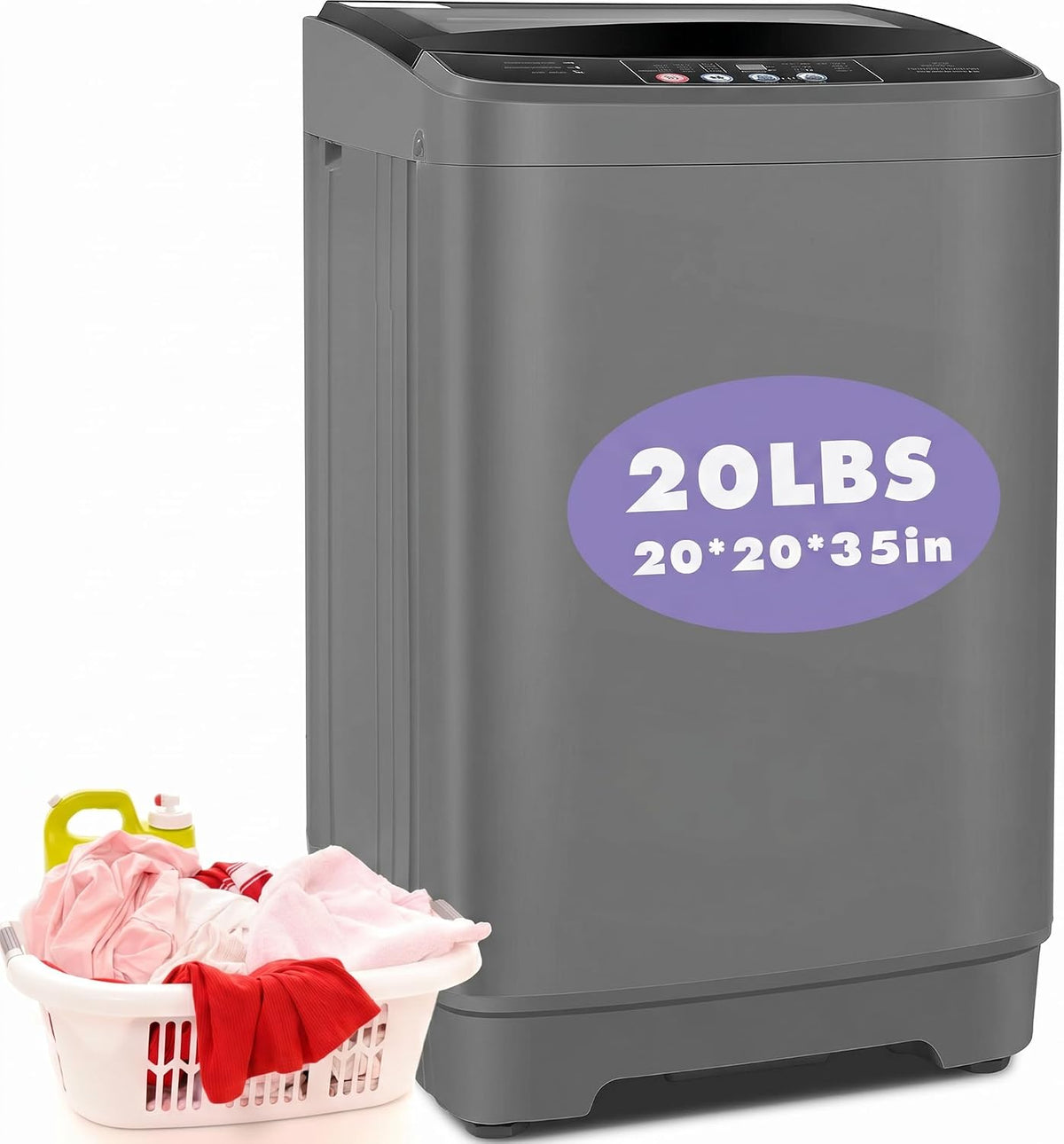 Nictemaw Portable Washing Machine, 20Lbs Capacity, Dark Gray, Glass Cover