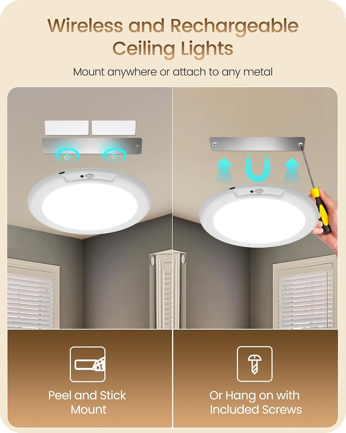 2 Pack Rechargeable Motion Sensor Ceiling Light with Remote, Wireless