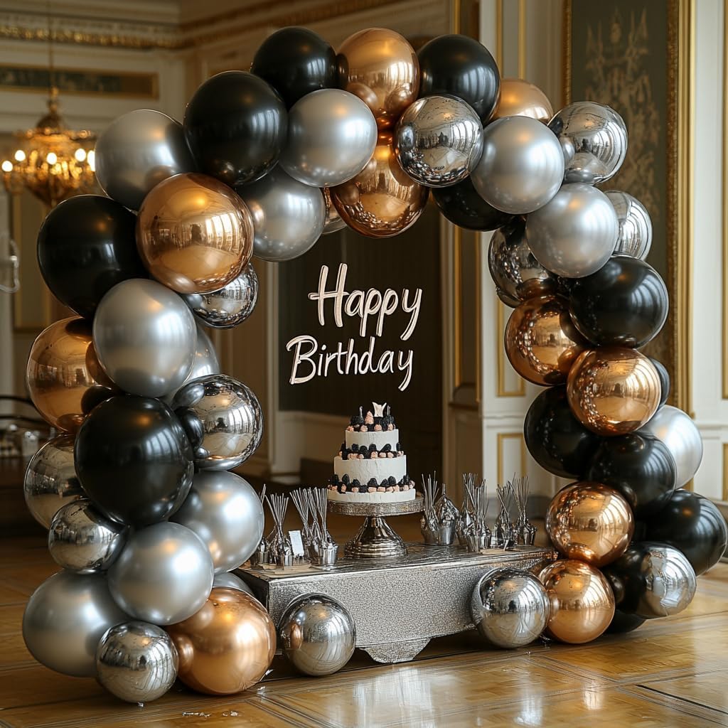 Bezente Black Silver and White Confetti Balloons Set 60pcs 12 inch