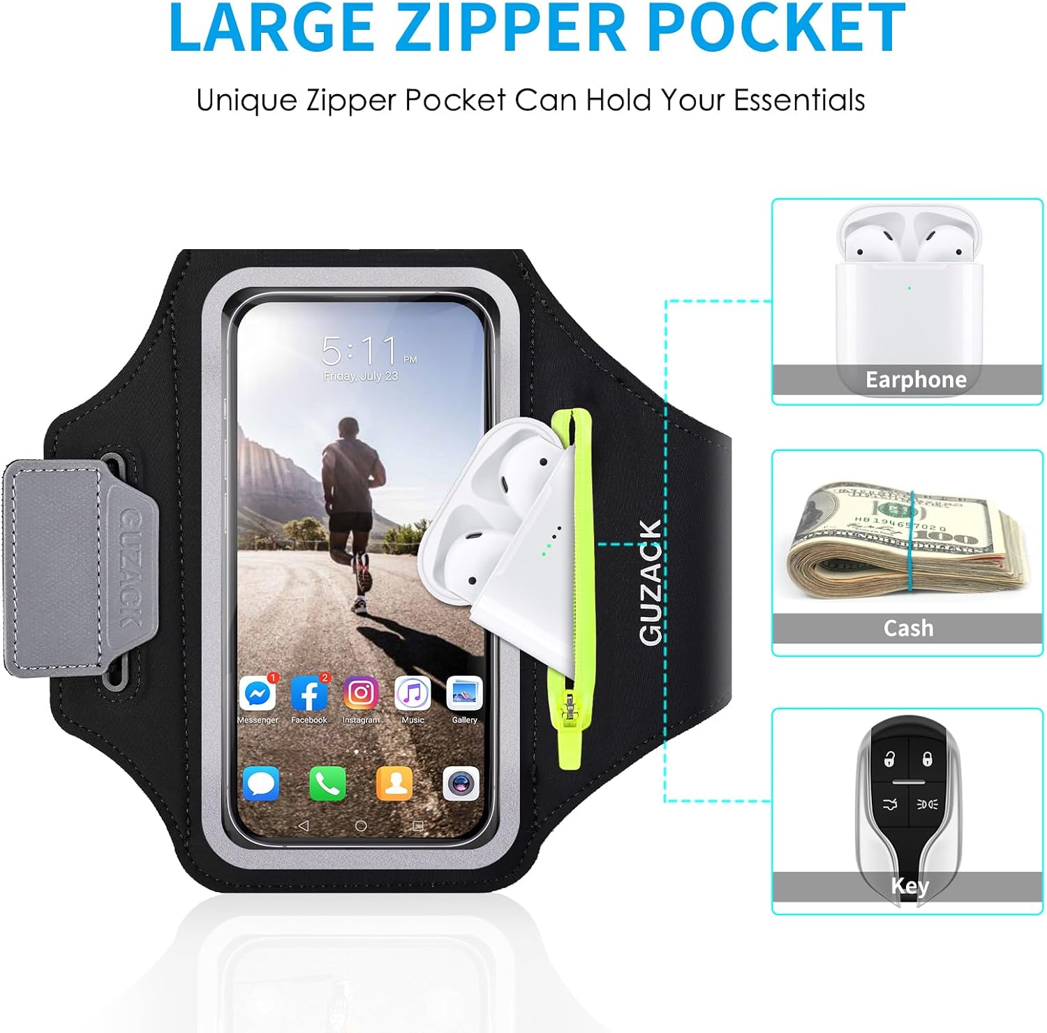 GUZACK Running Armband for iPhone 17 16 15 14 13 Pro Max, Galaxy S25 S24 S23 S22, with Card Slot & Key Pockets, Running Phone Holder, Fit Up to 6.9 Inches Phone - Size L (Bigger Arm 14-17 in)