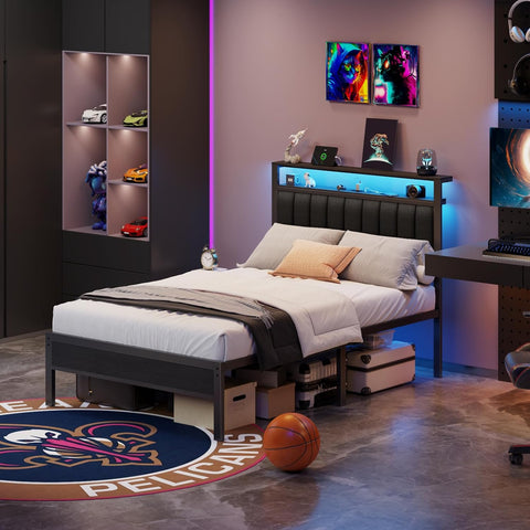 Furnulem Full Size Bed Frame with Charging Station and LED Lights