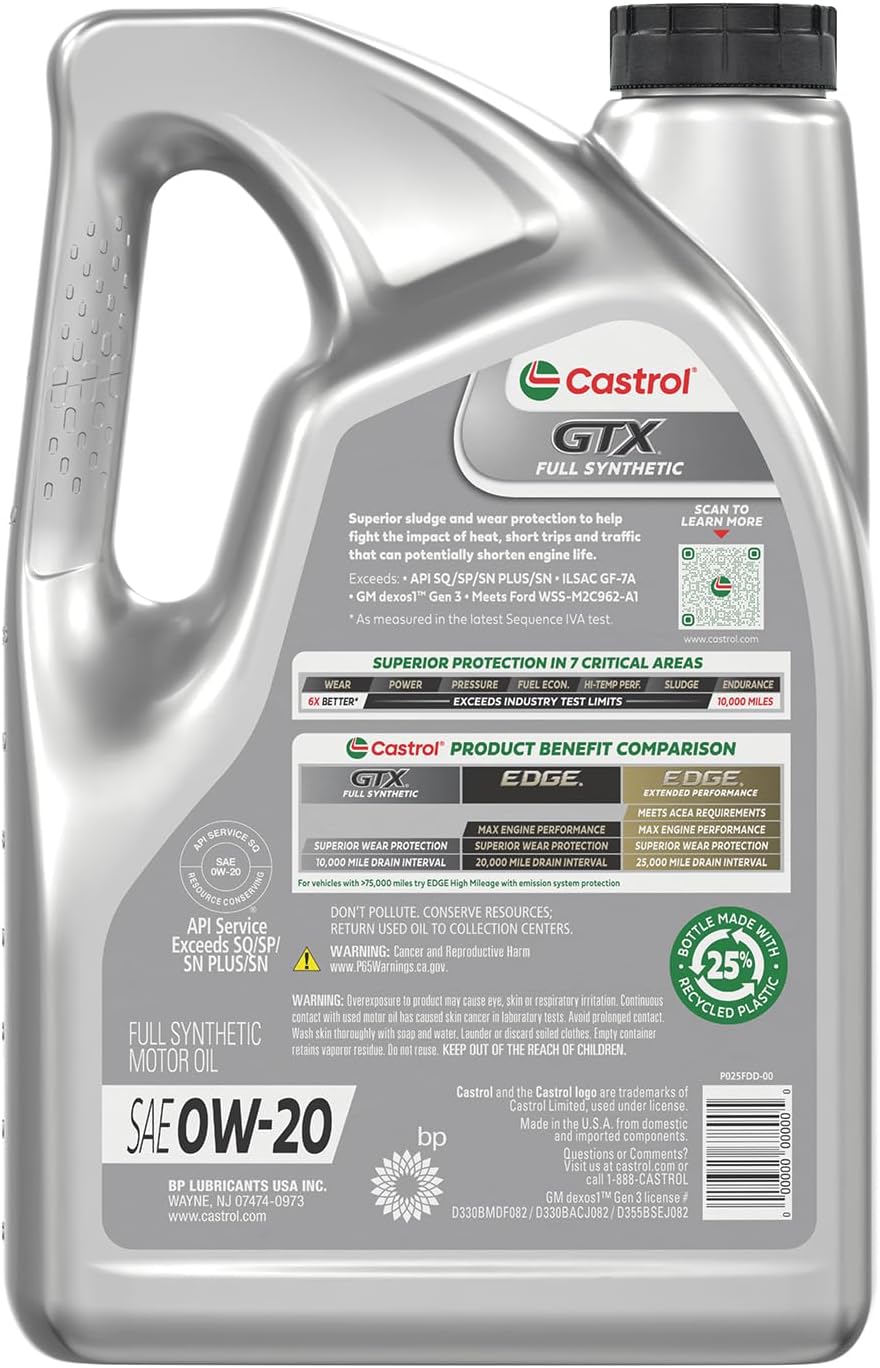 Castrol GTX Full Synthetic 0W-20 Motor Oil, 5 Quarts