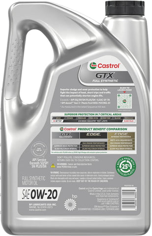 Castrol GTX Full Synthetic 0W-20 Motor Oil, 5 Quarts