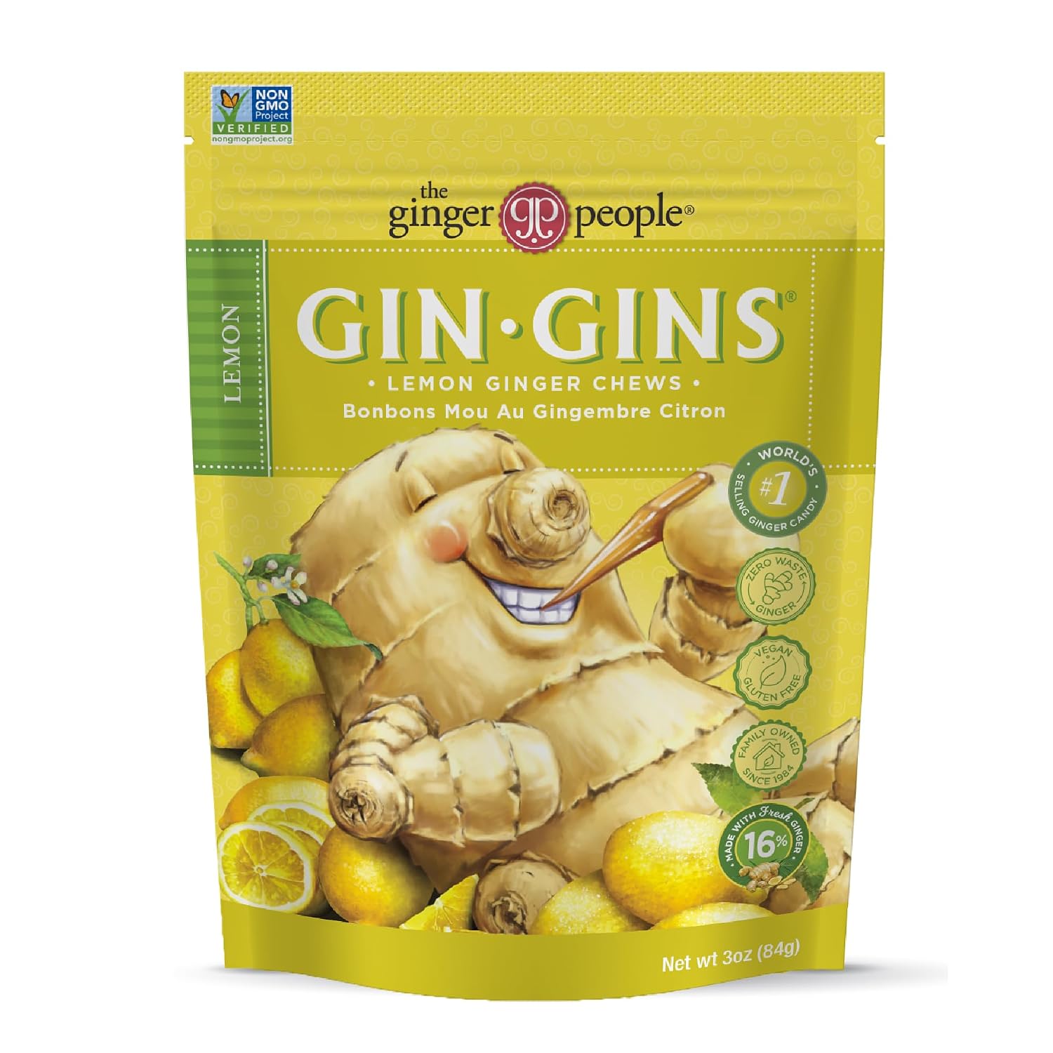 GIN GINS Lemon Ginger Chews – Natural Fresh Ginger Candy by The Ginger People – Individually Wrapped Healthy Candy – Lemon Flavor – 3 oz Bag – Pack of 1