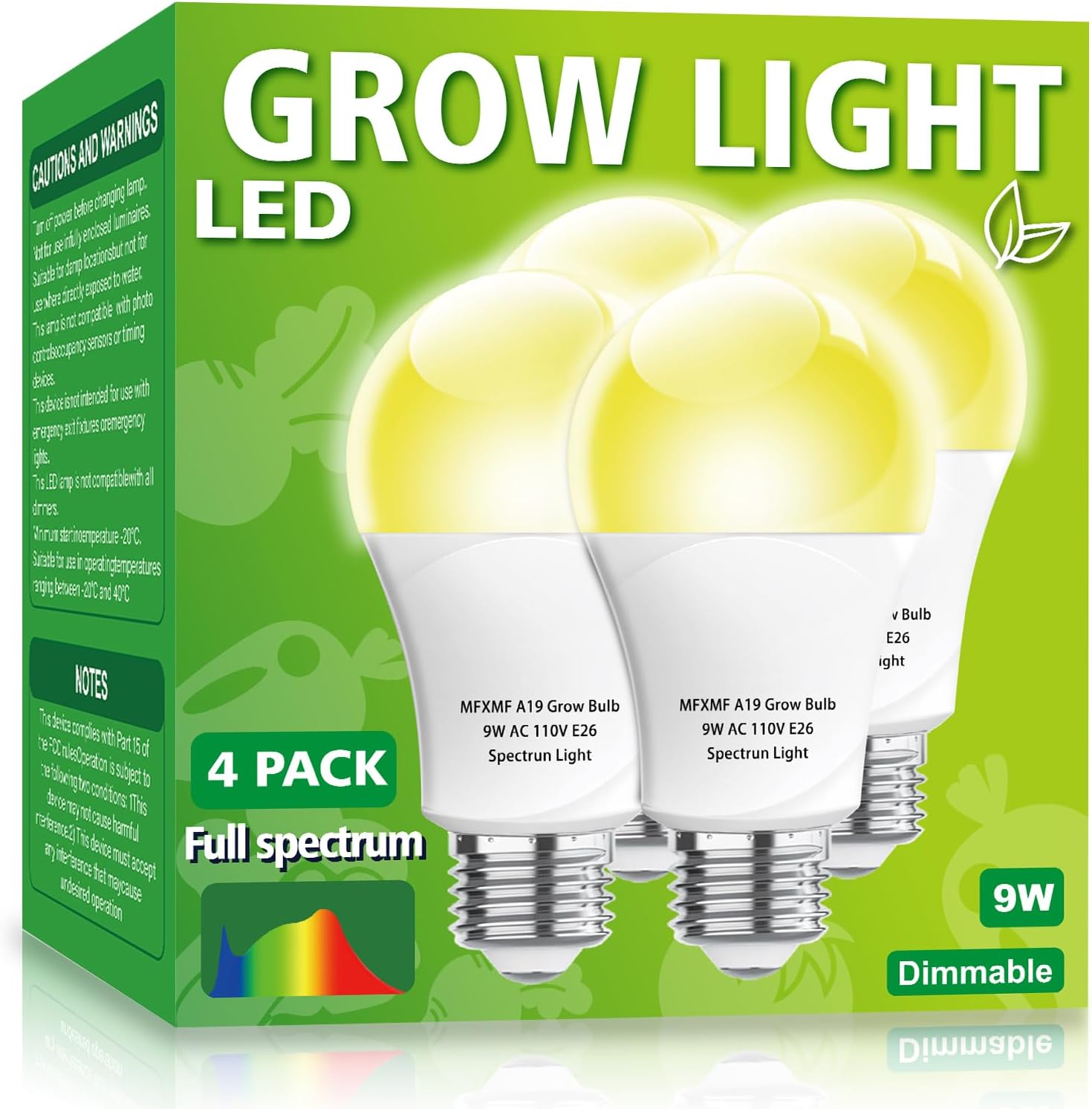 4 Pack LED Grow Light Bulbs，Full Spectrum Plant Light Bulb, 9W Replace 100W
