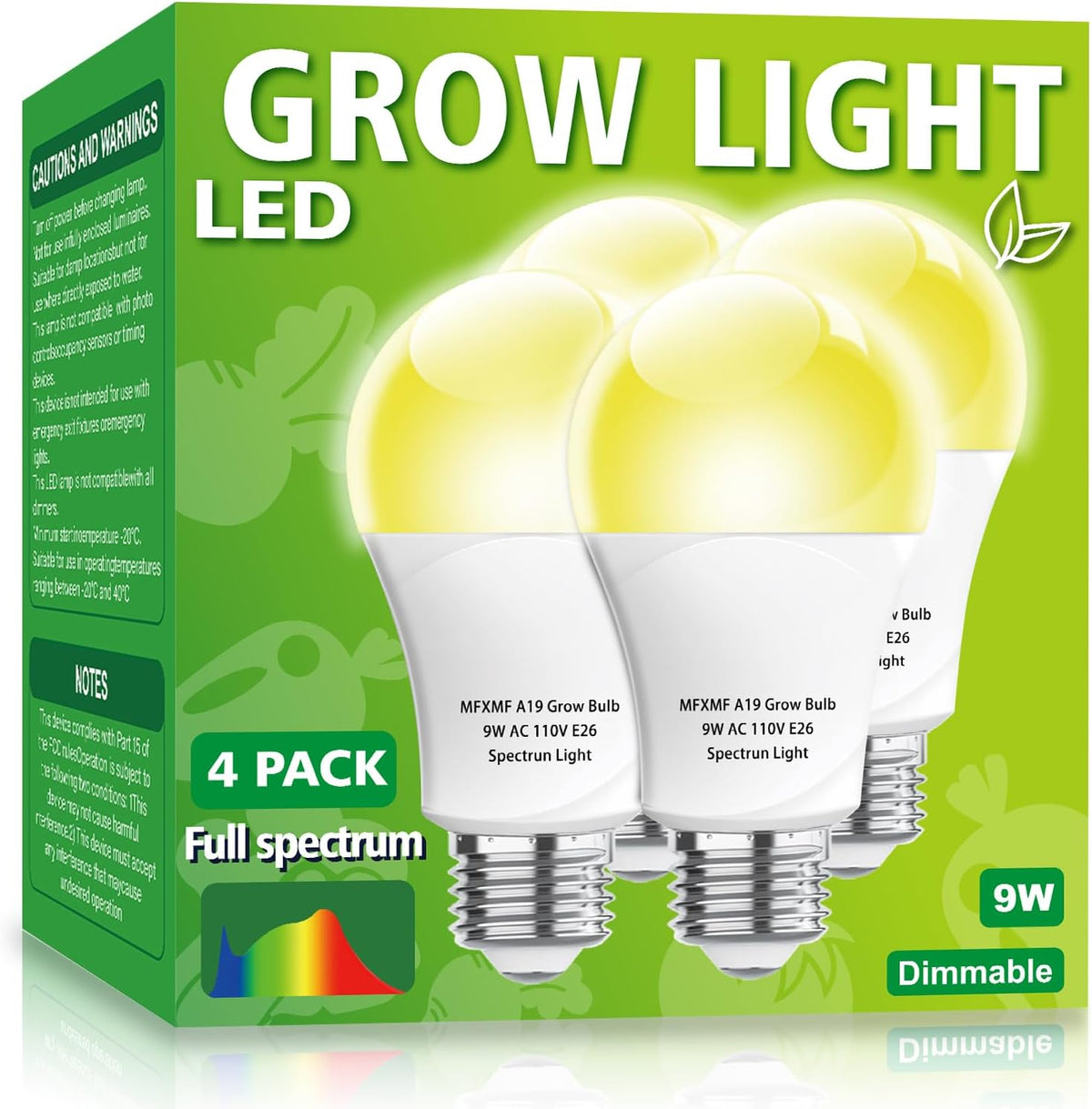 4 Pack LED Grow Light Bulbs，Full Spectrum Plant Light Bulb, 9W Replace 100W