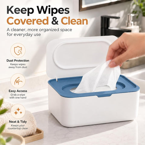 Wipes Dispenser, Wipe Holder for Baby & Adult, Seposeve Refillable Wipe Container, Keeps Wipes Fresh, One-Handed Operation. Non-Slip, Easy Open/Close Wipes Pouch Case, Blue