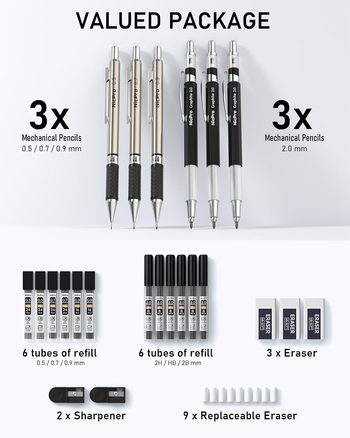 Nicpro 6PCS Art Mechanical Pencil Set, 0.5/0.7/0.9/2mm Point